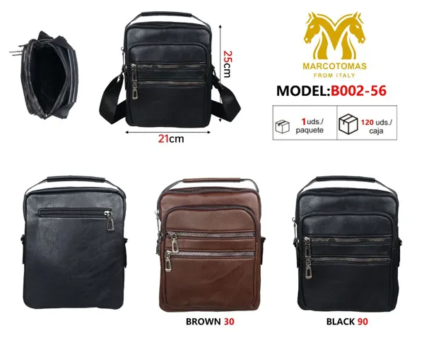Bolso cruzado vertical para caballero de piel sintética con bolsillos frontales, colores negro y café
