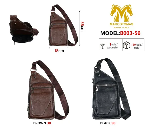 Bolso de pecho cruzado para caballero de piel sintética, colores café y negro