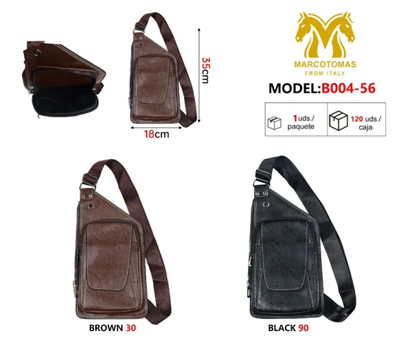 Bolso de pecho cruzado para caballero de piel sintética, colores café y negro