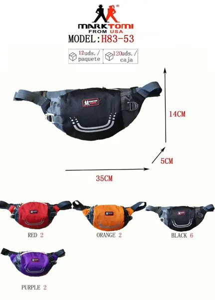 Riñonera deportiva para caballero de nylon con franja reflectante, disponible en negro, rojo, naranja y morado