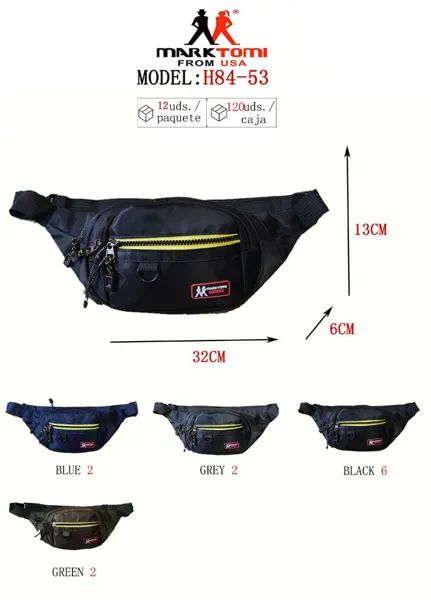 Riñonera deportiva para caballero de nylon con cierre de contraste, disponible en negro, azul, gris y verde