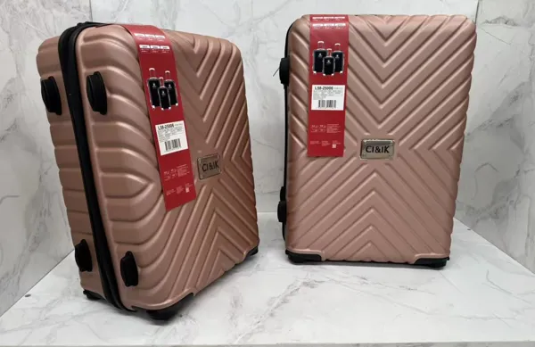 Set de maletas rígidas ABS de 2 piezas con 4 ruedas giratorias, color oro rosa, diseño en zigzag