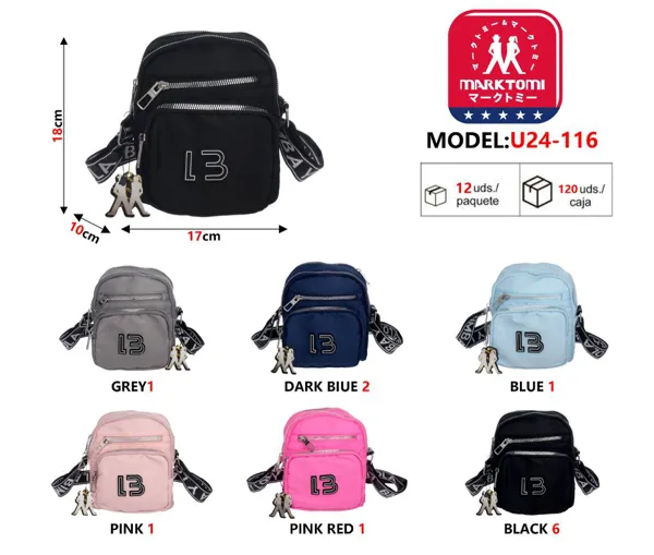 Bolsa bandolera vertical de nylon para mujer con correa ancha