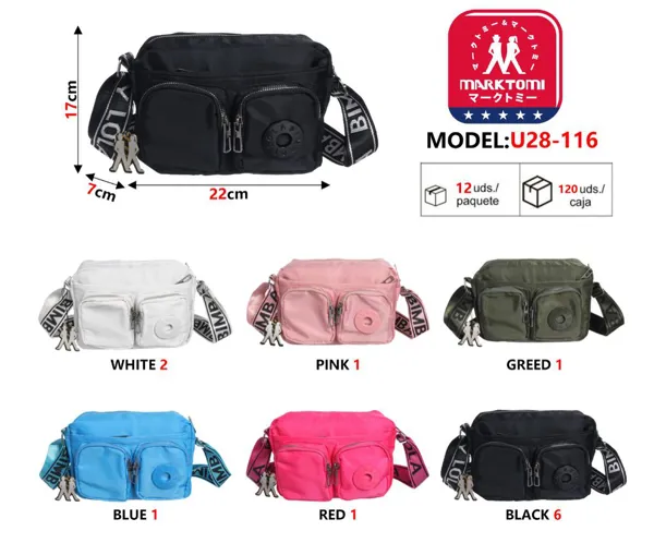 Bolsa bandolera de nylon con dos bolsillos frontales para mujer
