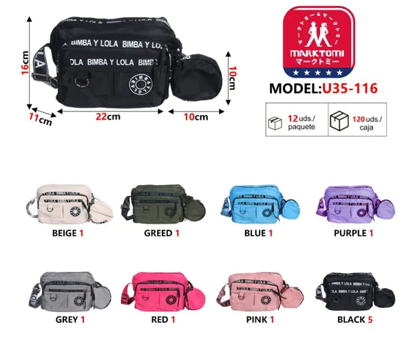 Bolsa bandolera de nylon multibolsillos con monedero para mujer