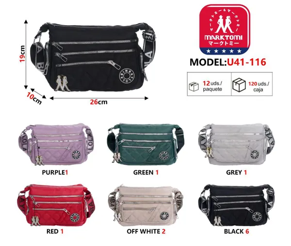 Bolsa de hombro de nylon acolchada para mujer, multibolsillos con cierres