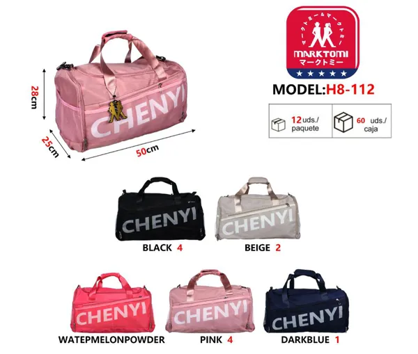 Bolsa deportiva tipo duffel de nylon con bolsillo lateral de malla, color rosa