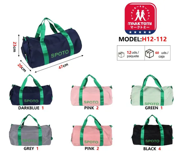 Bolsa deportiva cilíndrica tipo barril con asas verdes, color azul marino