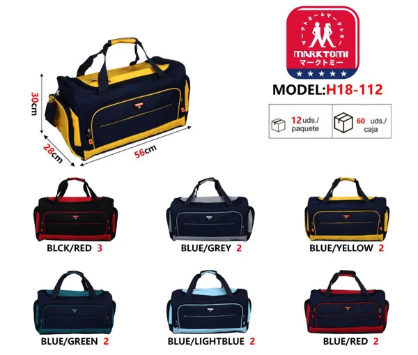 Bolsa de viaje deportiva grande de lona con varios bolsillos, bicolor azul marino con amarillo