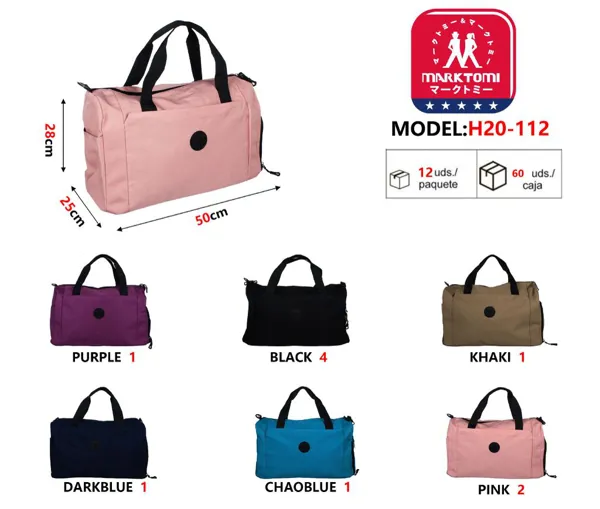 Bolsa deportiva tipo bolso con asas negras y logo redondo, color rosa