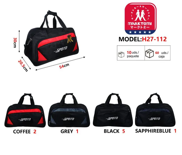 Bolsa deportiva tipo duffel con panel lateral rojo, color negro