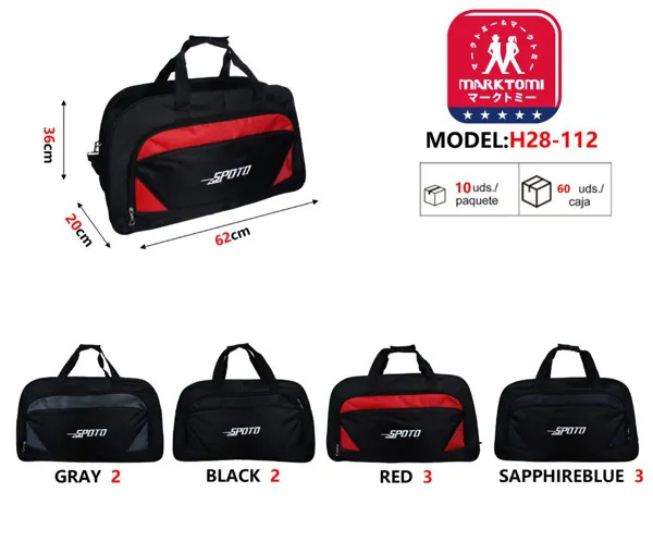 Bolsa de viaje deportiva grande con bolsillo frontal rojo, color negro