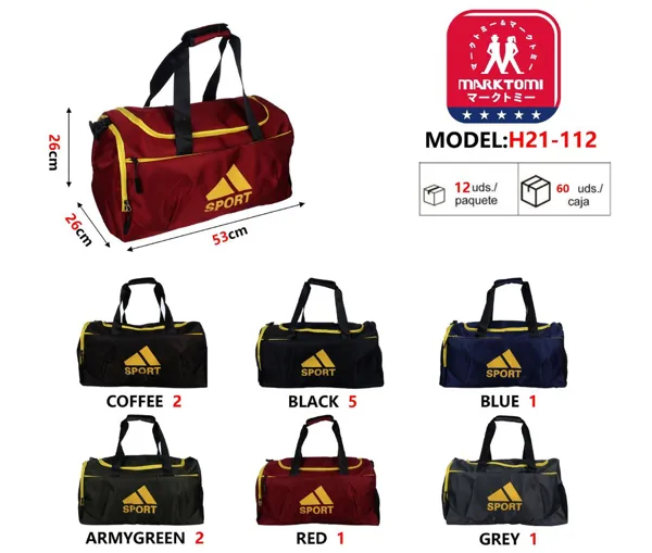 Bolsa deportiva tipo duffel con vivos amarillos, color vino