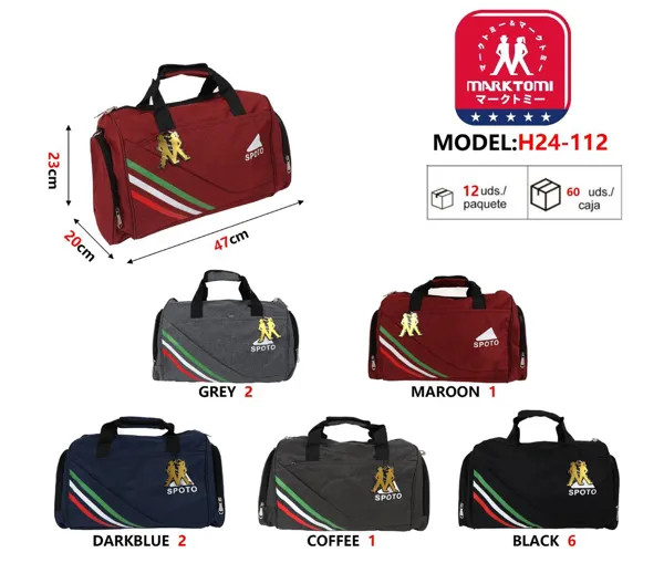 Bolsa deportiva tipo duffel jaspeada con franjas diagonales tricolor, color vino