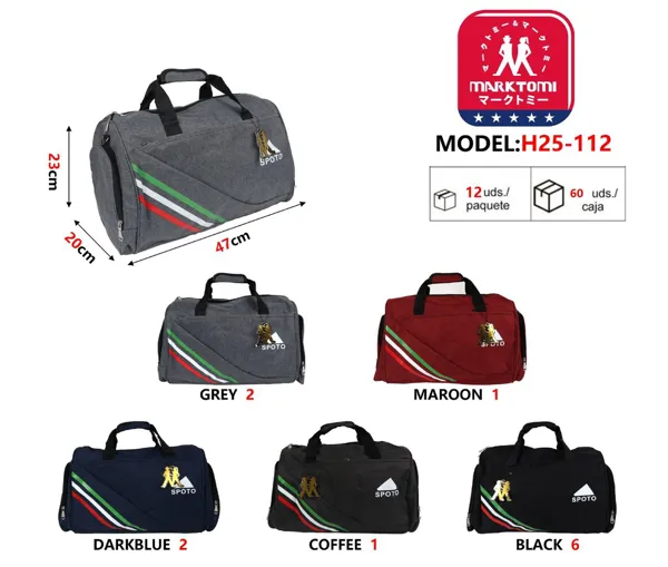 Bolsa deportiva tipo duffel jaspeada con franjas diagonales tricolor, color gris