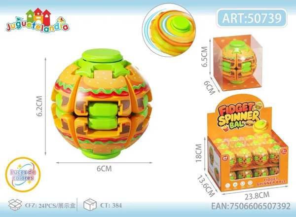 Juguete antiestrés spinner de resorte de 6 cm, diseño de hamburguesa con luz LED de colores
