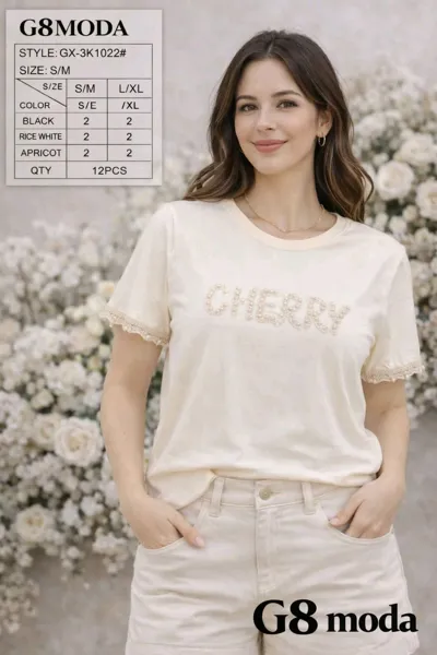 Playera manga corta con perlas