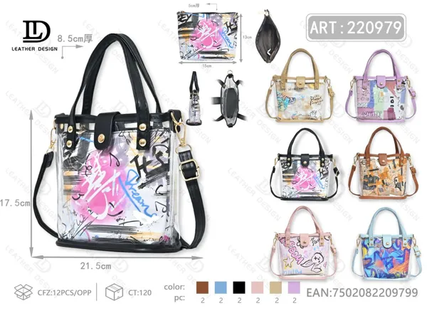 Bolso de mano transparente tipo gelatina estampado grafiti 2 piezas