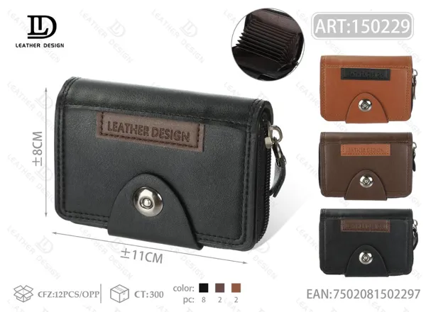 Tarjetero acordeón con broche y parche frontal, piel lisa