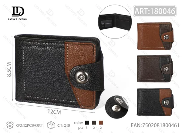 Cartera plegable para caballero con broche, bicolor negro y café