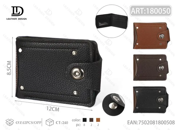 Cartera plegable para caballero con broche y remaches