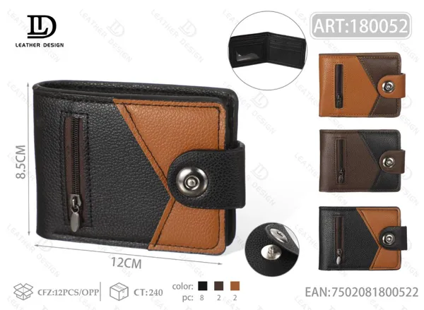 Cartera plegable para caballero con broche y cierre frontal, bicolor