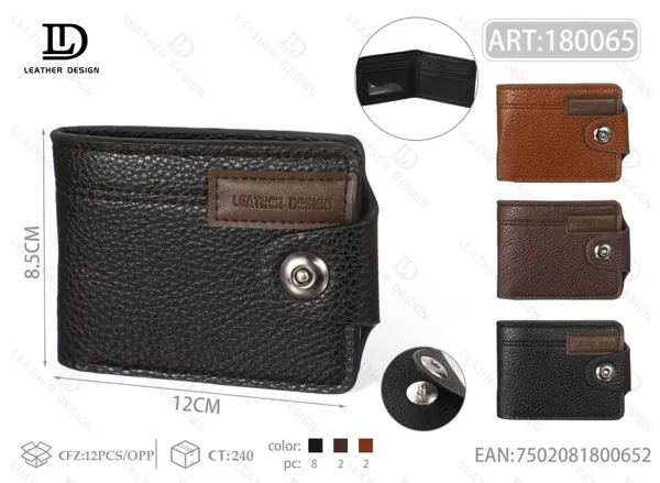 Cartera plegable para hombre con broche y etiqueta de piel