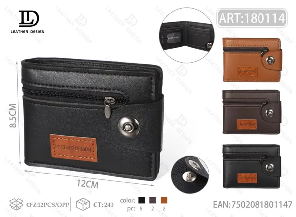 Cartera plegable para hombre con broche y cierre horizontal
