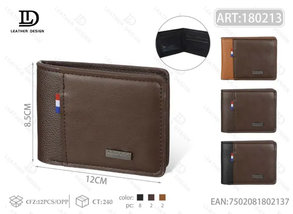 Cartera plegable para hombre café con panel lateral contrastante y placa metálica