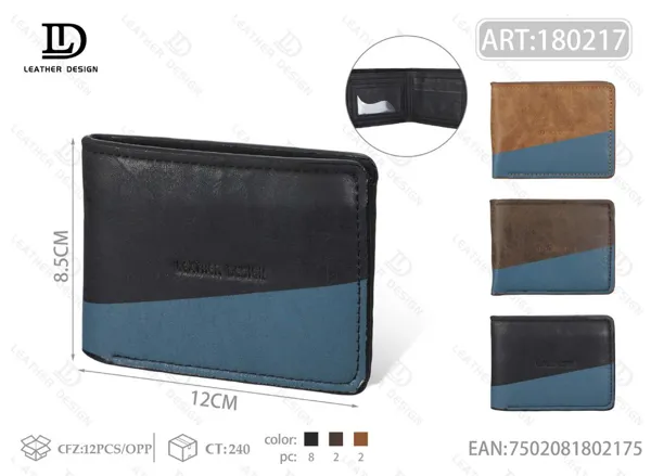 Cartera plegable para hombre bicolor negro y azul con división diagonal