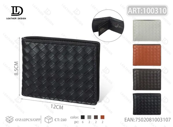 Cartera plegable para hombre negra en piel tejida trenzada