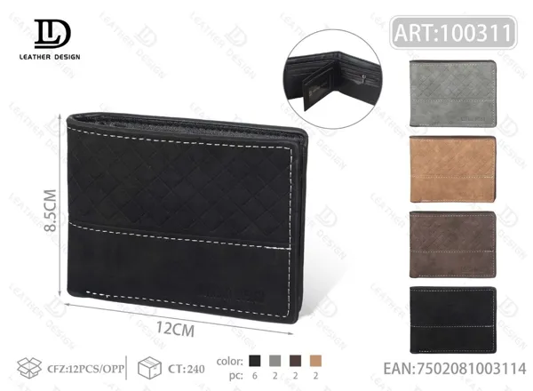 Cartera plegable para hombre negra acolchada con rombos y pespunte contrastante