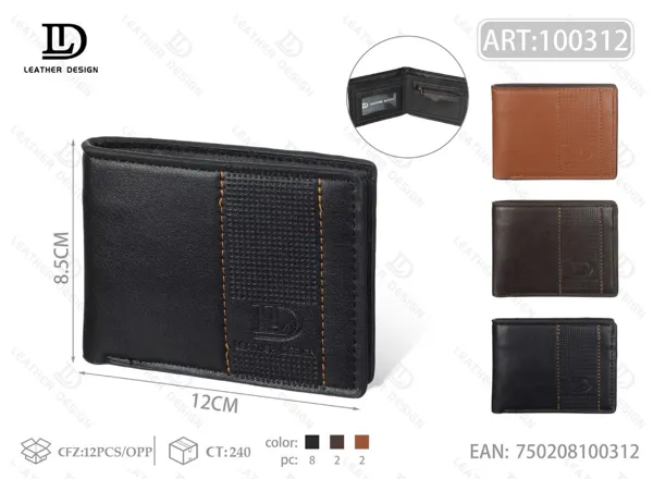 Cartera plegable para hombre negra con panel perforado punteado