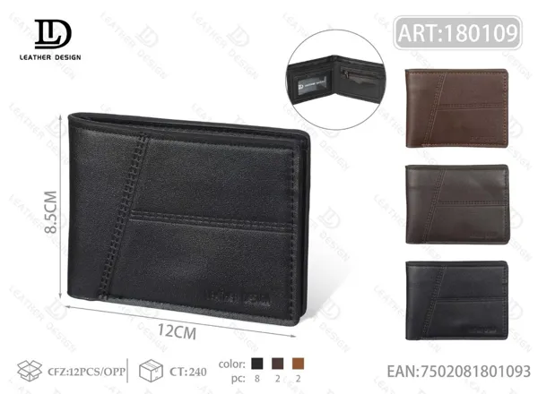 Cartera plegable para hombre negra con paneles y pespunte tipo escalera