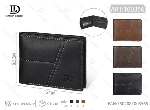 Cartera plegable para hombre negra con curva y pespunte blanco contrastante