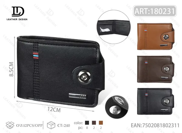 Cartera plegable para hombre negra con broche de botón y línea de colores