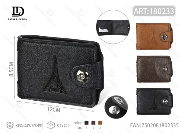 Cartera plegable para hombre negra con Torre Eiffel en relieve y broche de botón