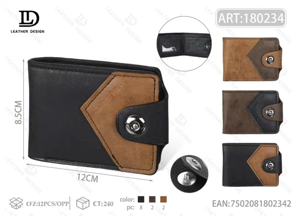 Cartera plegable para hombre bicolor negro y café con solapa triangular y broche