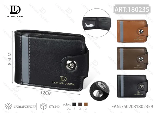 Cartera plegable para hombre negra con franja gris y broche de botón