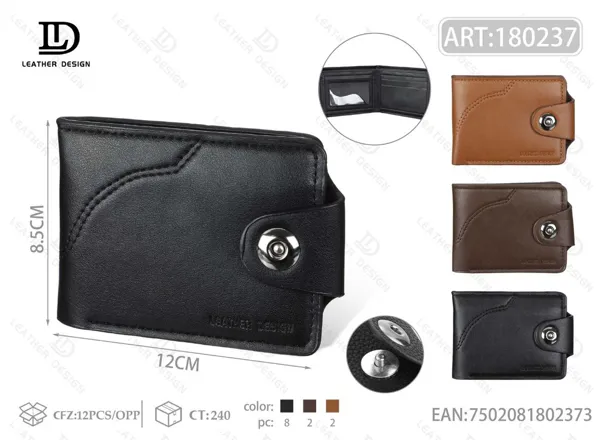 Cartera plegable para hombre negra con curva frontal y broche de botón