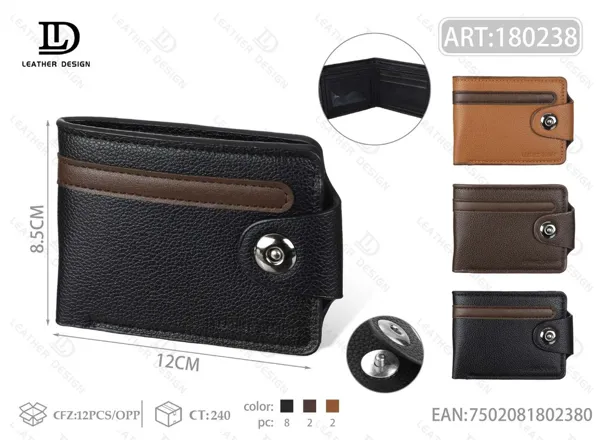Cartera plegable para hombre negra con tarjetero exterior en banda café y broche