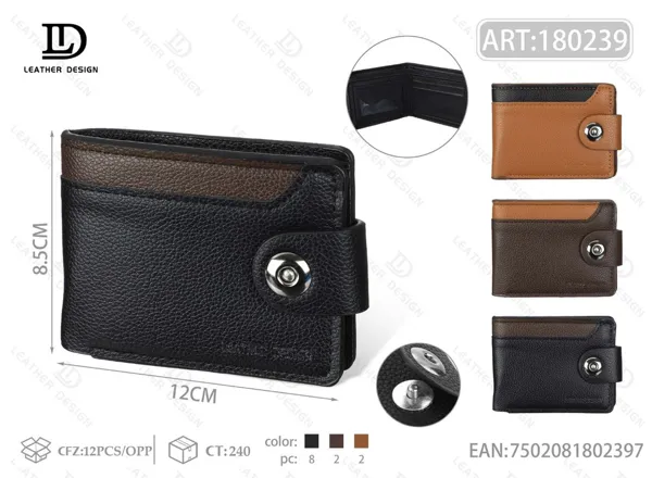 Cartera plegable para hombre negra con banda café superior y broche de botón