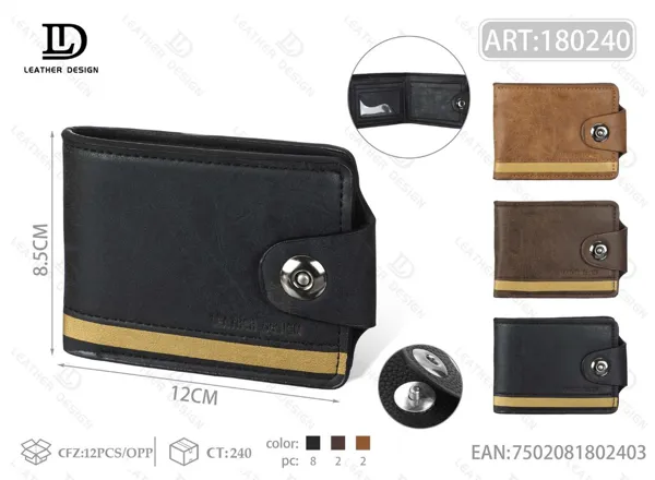 Cartera plegable para hombre negra con franja dorada inferior y broche de botón
