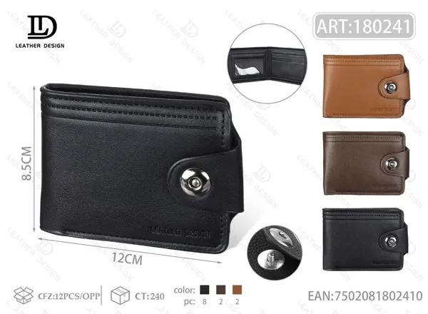 Cartera plegable para hombre negra lisa con broche de botón