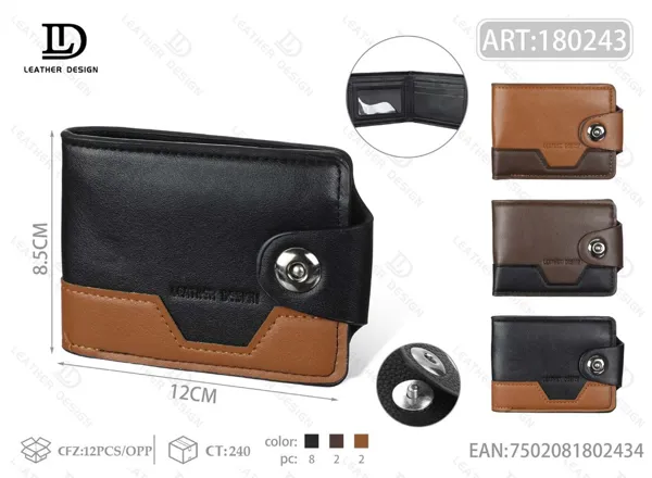 Cartera plegable para hombre negra con base contrastante café y broche de botón