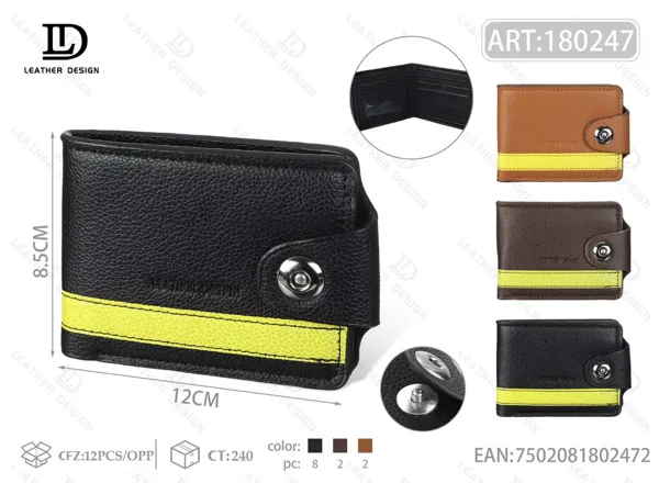 Cartera plegable para hombre con broche y franja amarilla