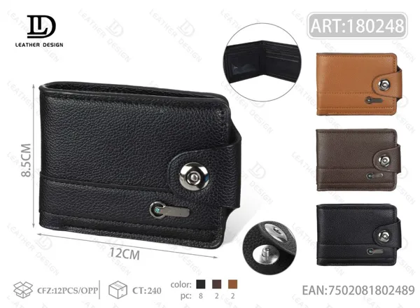 Cartera plegable para hombre con broche y cierre lateral, grabado texturizado