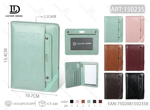 Porta pasaporte tipo libreta con broche y correa elastica, ventana de identificacion