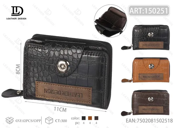 Tarjetero acordeon con cierre y broche, grabado de cocodrilo negro