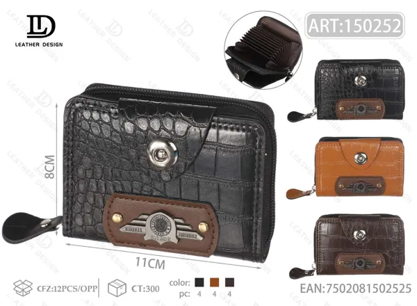 Tarjetero acordeon con cierre, broche y emblema metalico